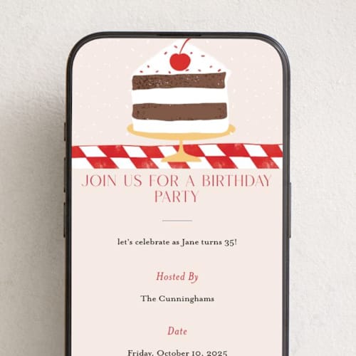 This is a red checker online birthday invitations by Maja Cunningham called birthday cake printing on digital paper in standard