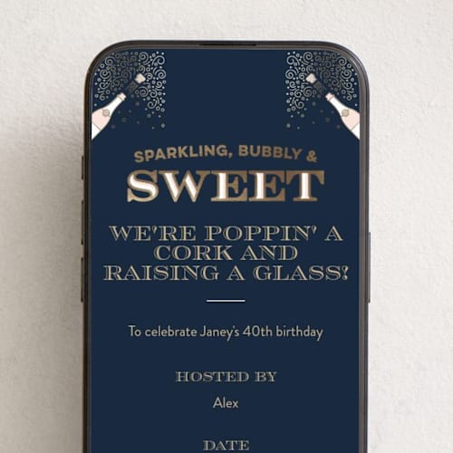 This is a navy online birthday invitations by Maddy Hague called sparkling & bubbly printing on digital paper in standard