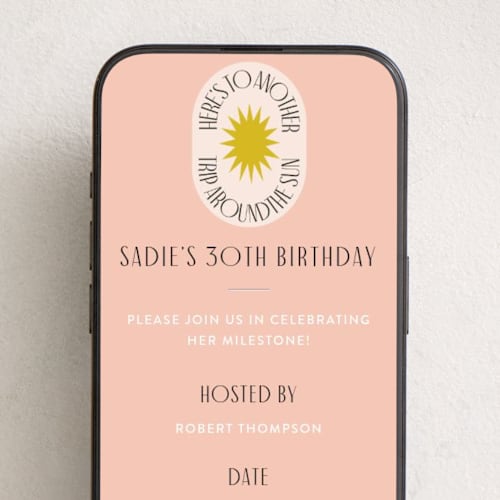 This is a peach online birthday invitations by Morgan Kendall called around the sun printing on digital paper in standard