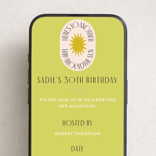 This is a citron online birthday invitations by Morgan Kendall called around the sun printing on digital paper in standard
