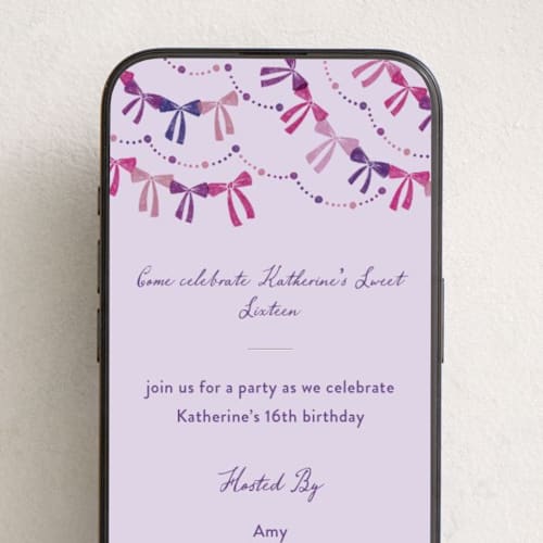 This is a violet online birthday invitations by Vivian Yiwing called bow party printing on digital paper in standard