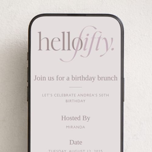 This is a lavender online birthday invitations by Vera Lim called hello fifty party printing on digital paper in standard