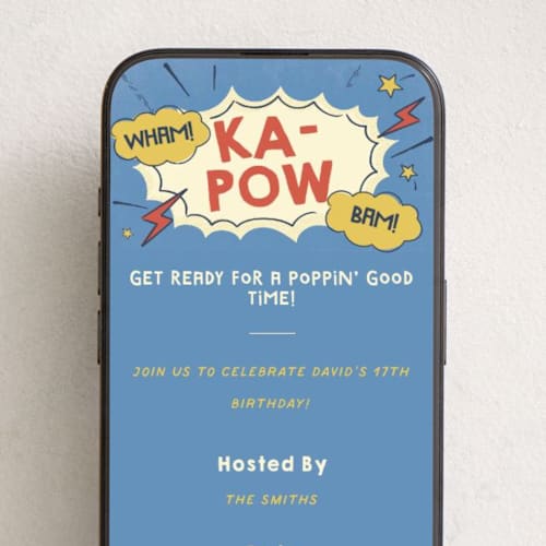 This is a comic pop online birthday invitations by Vera Lim called pop art party printing on digital paper in standard