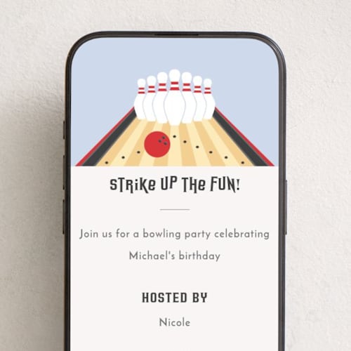 This is a cherry online birthday invitations by Ester Bernaldo de Quiros called bowling birthday party printing on digital paper in standard