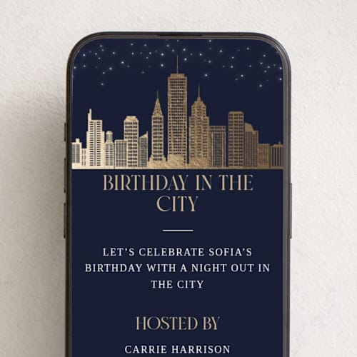 This is a midnight online birthday invitations by Stacy Maalouf called birthday in the city printing on digital paper in standard