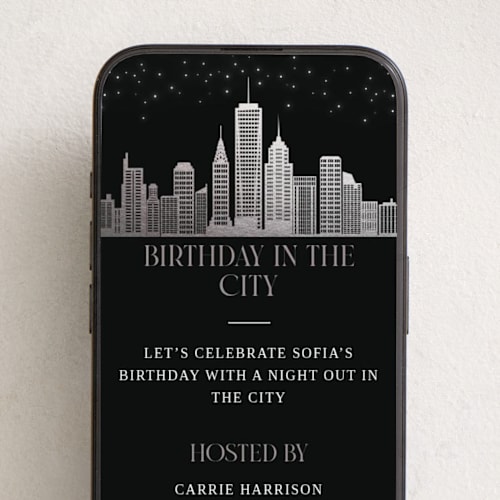 This is a silhouette online birthday invitations by Stacy Maalouf called birthday in the city printing on digital paper in standard