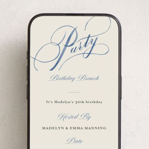 This is a navy online birthday invitations by Shannon Chen of Four Wet Feet Studio called watercolor lettering printing on digital paper in standard