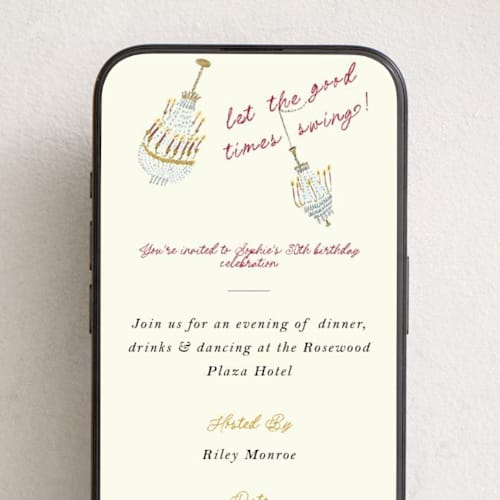 This is a red velvet online birthday invitations by Sarah Rosenthal called let the good times swing printing on digital paper in standard