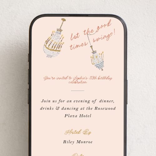 This is a peach dahlia online birthday invitations by Sarah Rosenthal called let the good times swing printing on digital paper in standard
