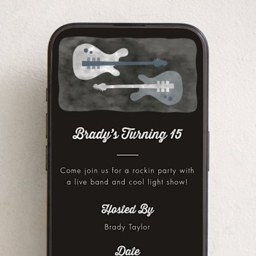 This is a cobalt online birthday invitations by Anna Black called rockin guitars printing on digital paper in standard
