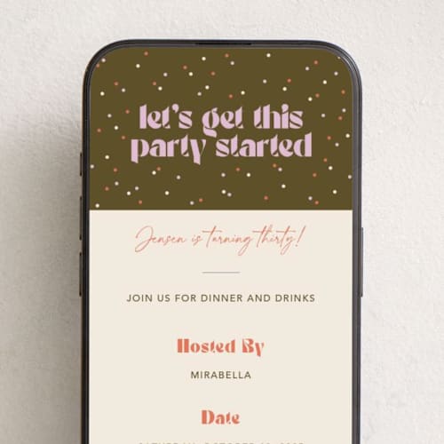 This is a olive online birthday invitations by Robert and Stella called get this party started printing on digital paper in standard