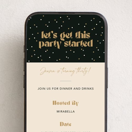 This is a onyx online birthday invitations by Robert and Stella called get this party started printing on digital paper in standard