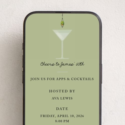 This is a olive online birthday invitations by mo kelley called martini printing on digital paper in standard