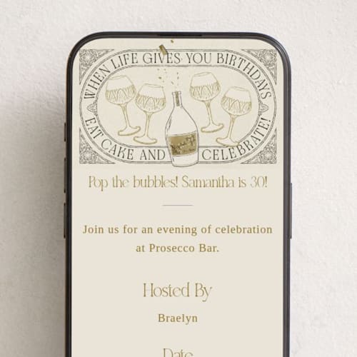 This is a champagne online birthday invitations by Kelsey Mucci called pop the bubbles printing on digital paper in standard