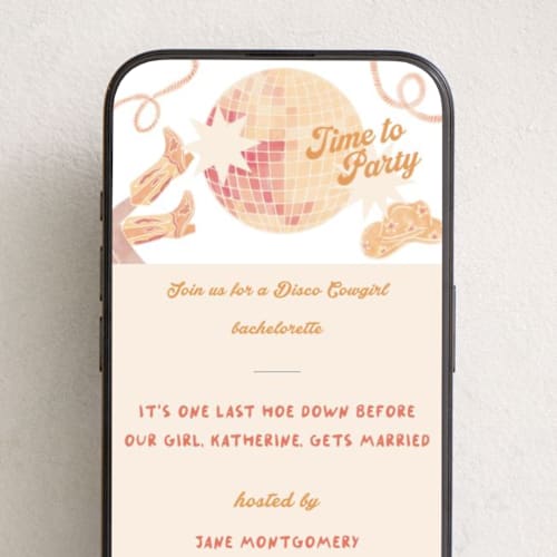 This is a sunset online invitations by Creo Study called disco cowgirl printing on digital paper in standard