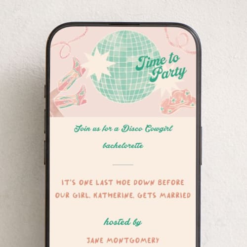 This is a lawn online invitations by Creo Study called disco cowgirl printing on digital paper in standard