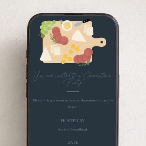 This is a navy online invitations by Kacey Kendrick Wagner called charcuterie party printing on digital paper in standard