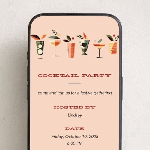 This is a peach fizz online invitations by Three Kisses Studio called mid mod party printing on digital paper in standard