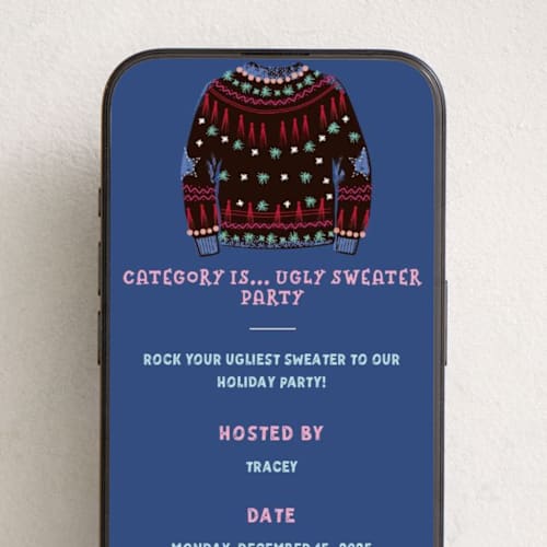 This is a cobalt online invitations by Jennifer Lew called ugly sweater printing on digital paper in standard