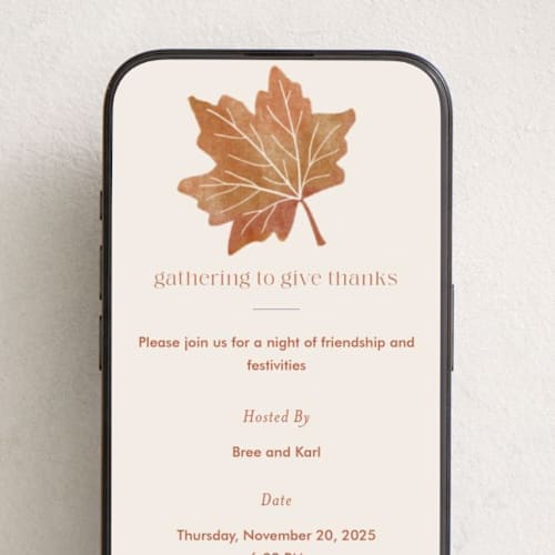 This is a mashed potatoes online invitations by Amy Payne called friendsgiving leaf printing on digital paper in standard