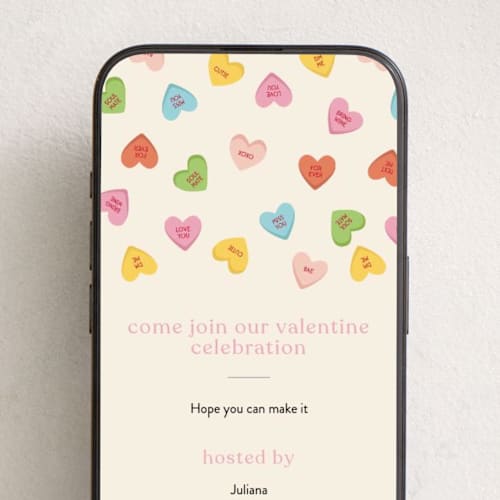 This is a bright online invitations by Ellen Schlegelmilch called candy hearts printing on digital paper in standard