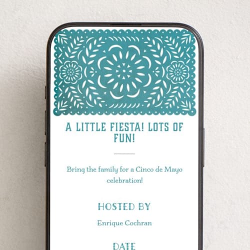 This is a teal online invitations by Hooray Creative called papel picado fiesta printing on digital paper in standard