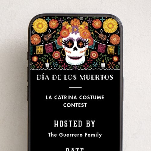 This is a shadow online invitations by Becky Nimoy called marigolds and calaveras printing on digital paper in standard
