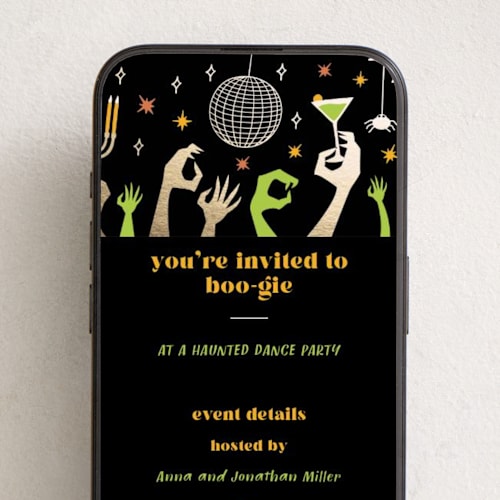 This is a slimy online invitations by Stellax Creative called let's boo-gie printing on digital paper in standard