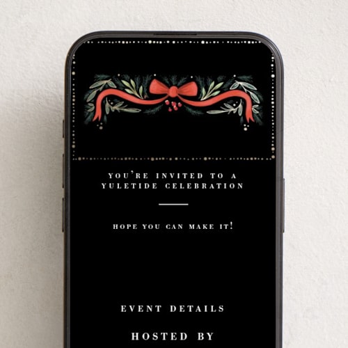 This is a midnight online invitations by Hannah Williams called festive ribbon & fir printing on digital paper in standard