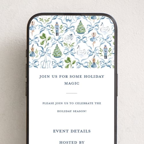 This is a blue ribbon online invitations by Sarah Knight called nutcracker ribbons printing on digital paper in standard