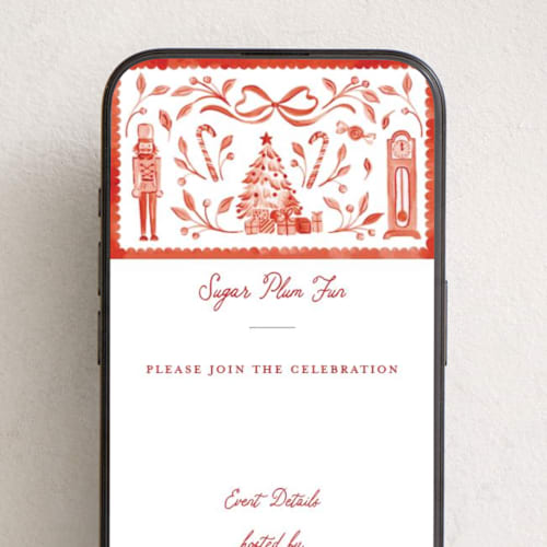 This is a red ribbon online invitations by Sarah Knight called the nutcracker printing on digital paper in standard
