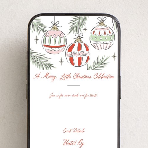 This is a festive online invitations by Erin German called bright ornaments printing on digital paper in standard