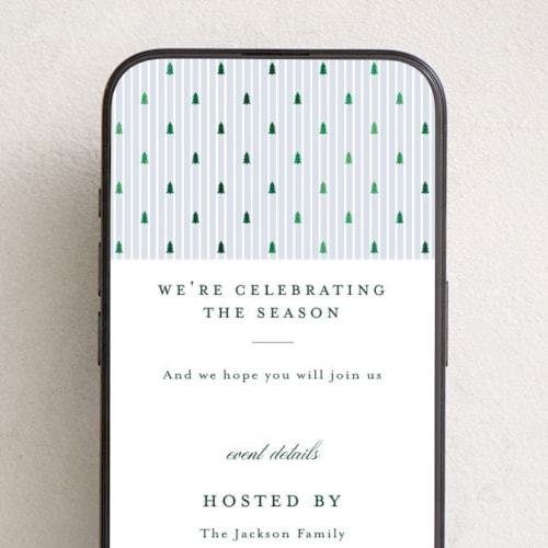 This is a glacier online invitations by Everett Paper Goods called stripe trees printing on digital paper in standard