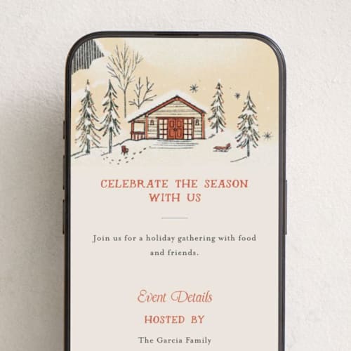 This is a eggnog online invitations by Becky Nimoy called snow and ivory winter scene printing on digital paper in standard