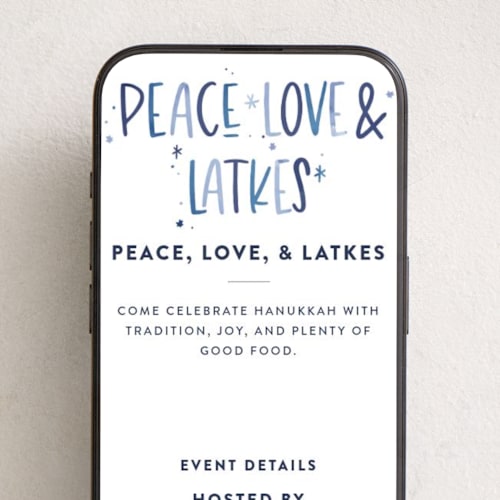 This is a frost online invitations by Laura Bercovich called peace, love & latkes printing on digital paper in standard
