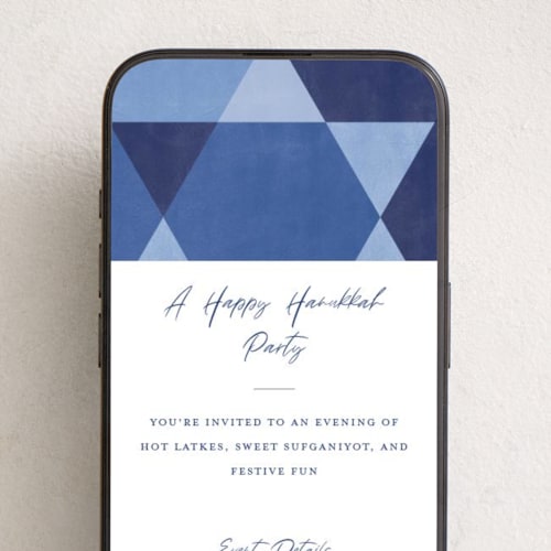 This is a denim online invitations by Robert and Stella called hanukkah star printing on digital paper in standard