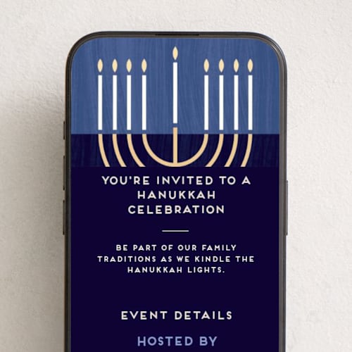 This is a navy online invitations by Kami Turnell called modern menorah printing on digital paper in standard