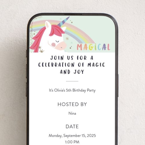 This is a bubblegum online birthday invitations by peetie design called unicorno printing on digital paper in standard
