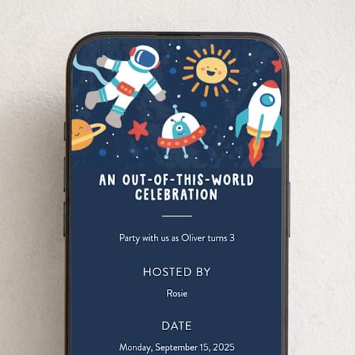 This is a midnight online birthday invitations by peetie design called space age printing on digital paper in standard
