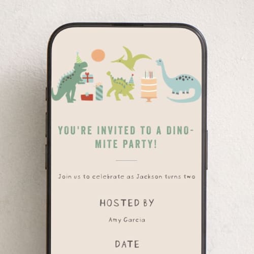 This is a sand online birthday invitations by Teju Reval called dino party printing on digital paper in standard