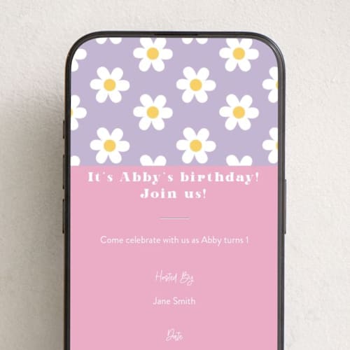 This is a grape online birthday invitations by Little Print Design called daisys printing on digital paper in standard