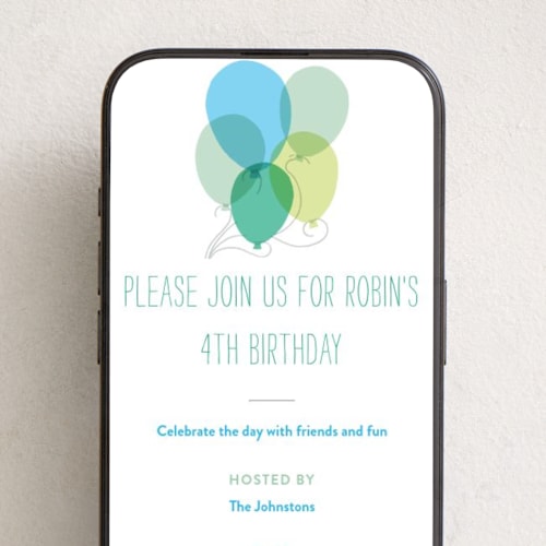 This is a azure online birthday invitations by Alethea and Ruth called balloon party printing on digital paper in standard