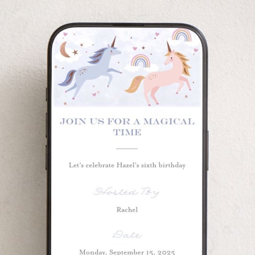 This is a lilac online birthday invitations by Karidy Walker called magical unicorns printing on digital paper in standard
