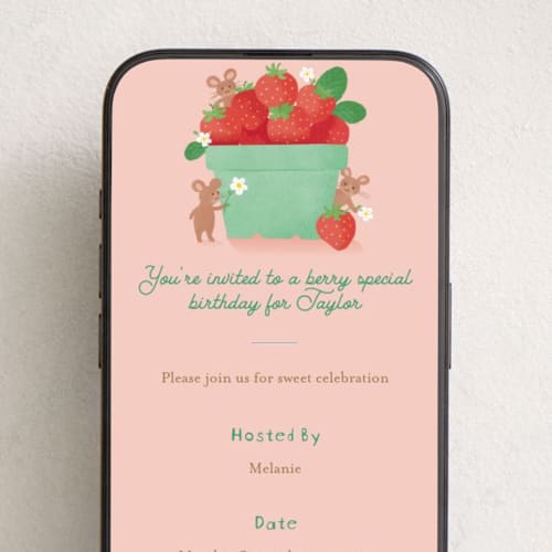 This is a strawberry online birthday invitations by Jennifer Wick called berry special printing on digital paper in standard