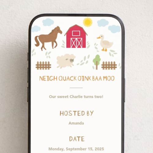 This is a cotton online birthday invitations by Creo Study called barnyard noises printing on digital paper in standard