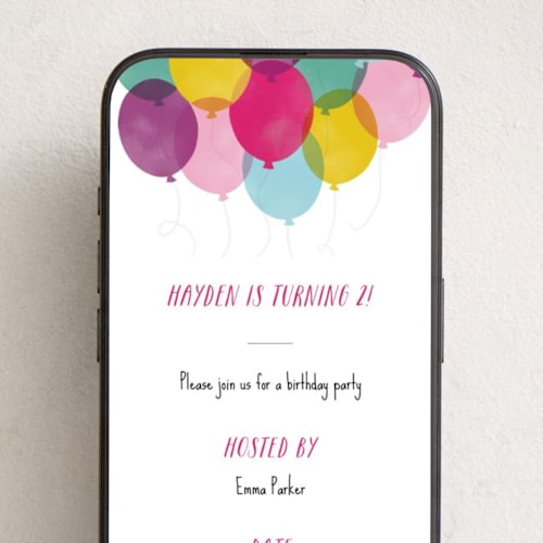 This is a fuchsia online birthday invitations by Hooray Creative called birthday balloons printing on digital paper in standard