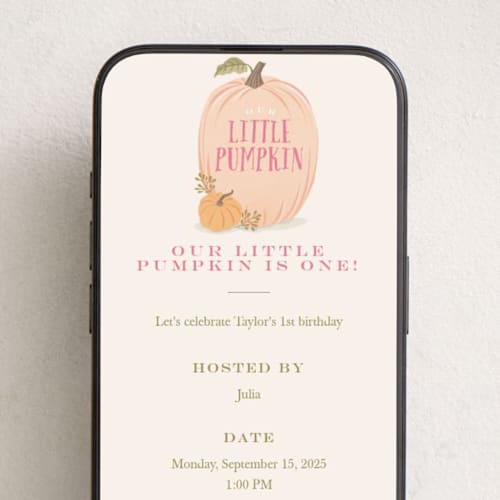 This is a peach online birthday invitations by Karidy Walker called autumn pumpkin printing on digital paper in standard