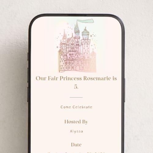 This is a carnation online birthday invitations by Phrosné Barwood called princess fairytale castle printing on digital paper in standard