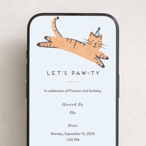 This is a apricot online birthday invitations by Everett Paper Goods called pawty cat printing on digital paper in standard