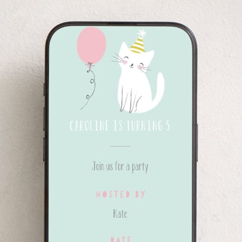 This is a spearmint online birthday invitations by Angela Thompson called party cat printing on digital paper in standard